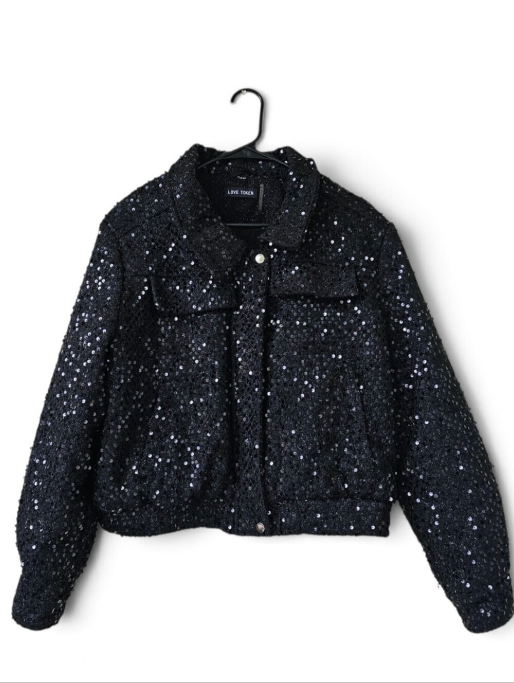 Love Token Sequin Bomber Jacket Black Full Zip Pockets Size L
